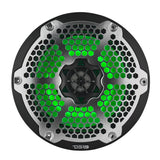 Black DS18 speaker with a silver honeycomb grille and green illumination, front view