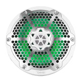 White DS18 speaker with a silver honeycomb grille and green illumination, front view