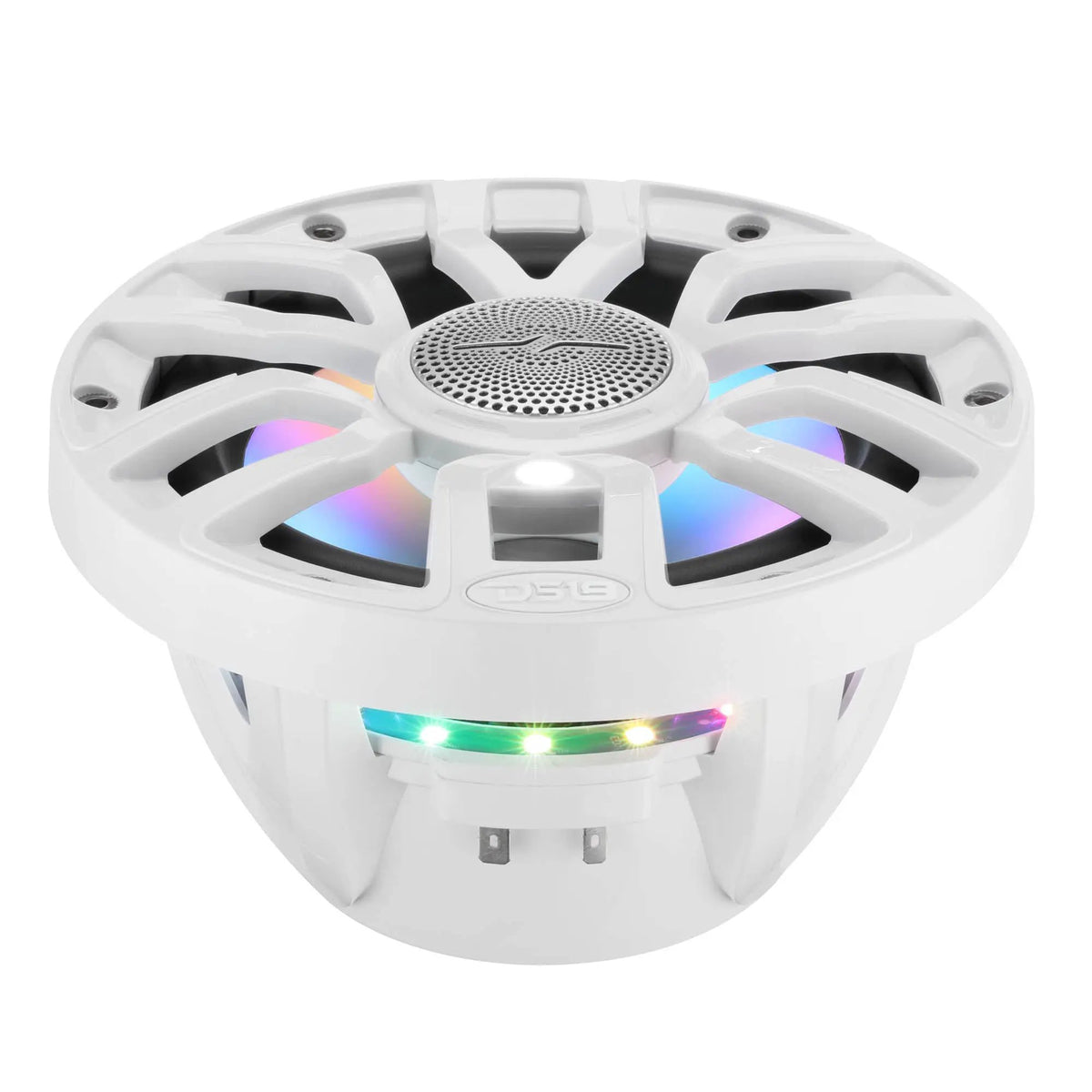 Low front angle of a white DS18 speaker showing multicolor lights behind the grille and through the basket