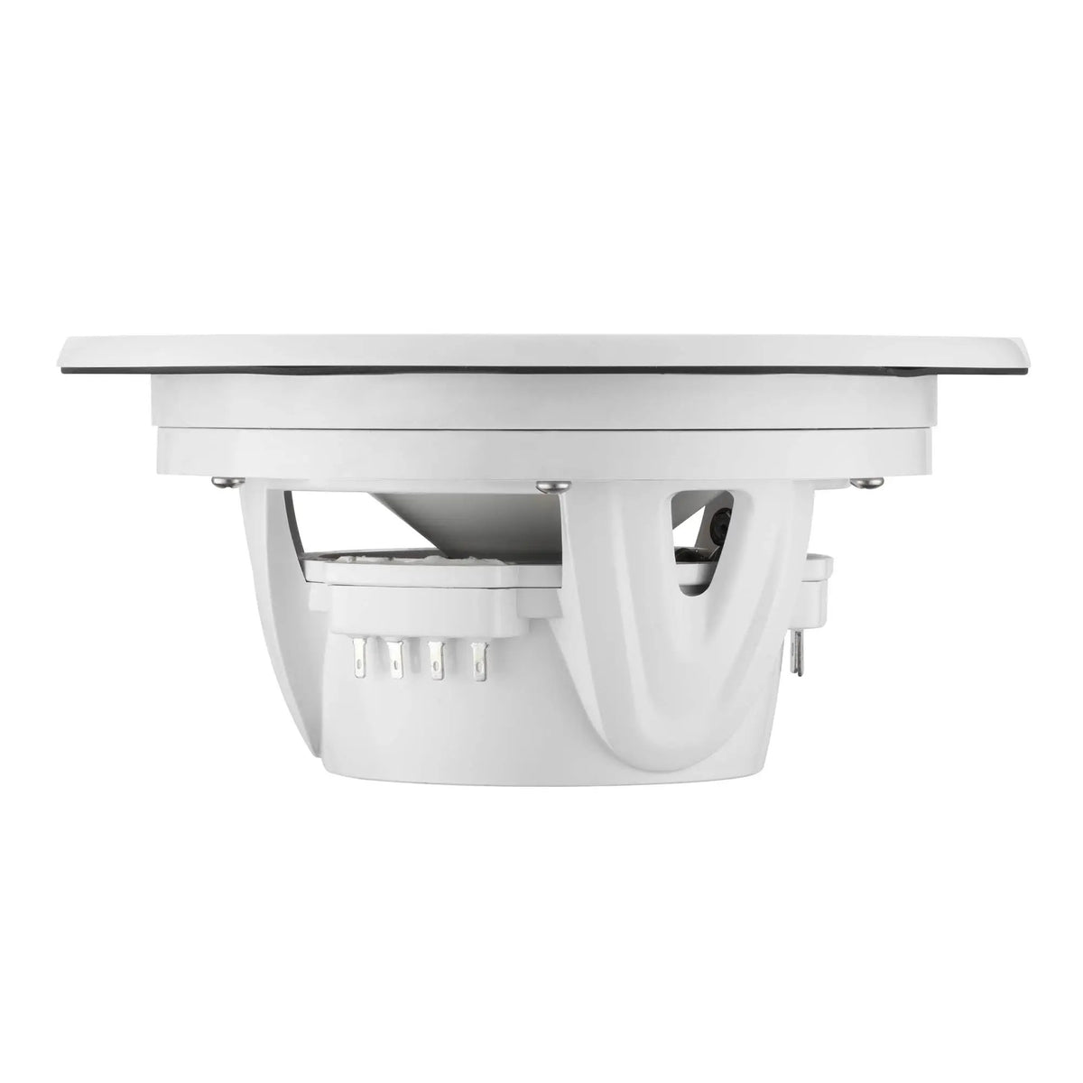 Side profile of a white speaker showing its shallow grille, open basket and terminals