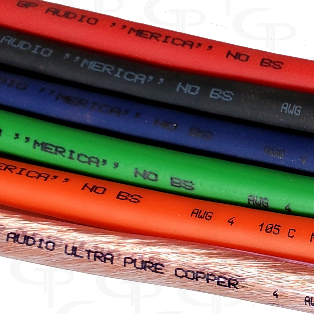 Close-up of colored GP Audio cable jackets with visible 4 AWG and Merica No BS markings