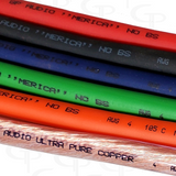Close-up of colored GP Audio cable jackets with visible 4 AWG and Merica No BS markings