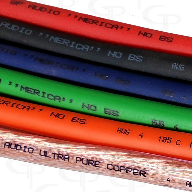 Close-up of colored GP Audio cable jackets with visible 4 AWG and Merica No BS markings