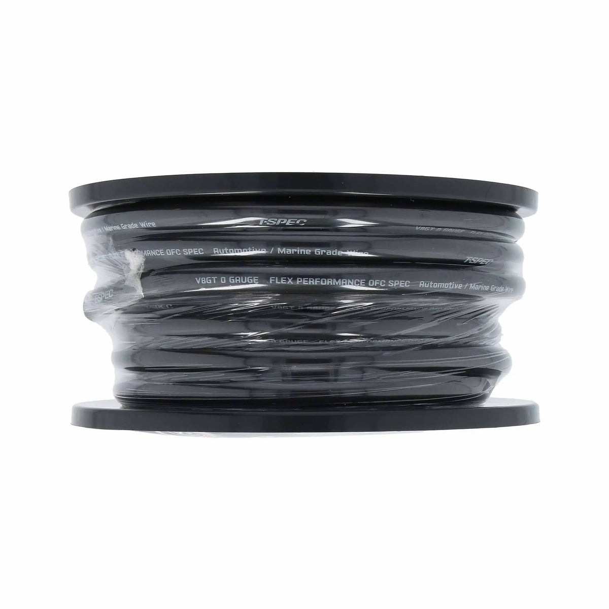 Side view of wrapped black T-Spec cable with 0 gauge and OFC markings on the jacket