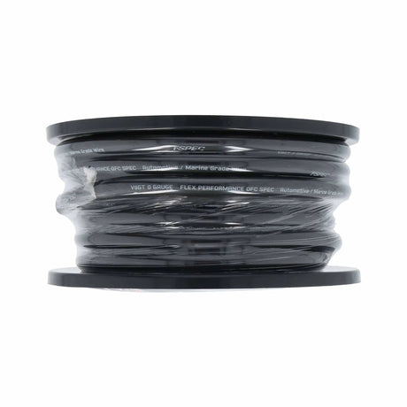 Side view of wrapped black T-Spec cable with 0 gauge and OFC markings on the jacket