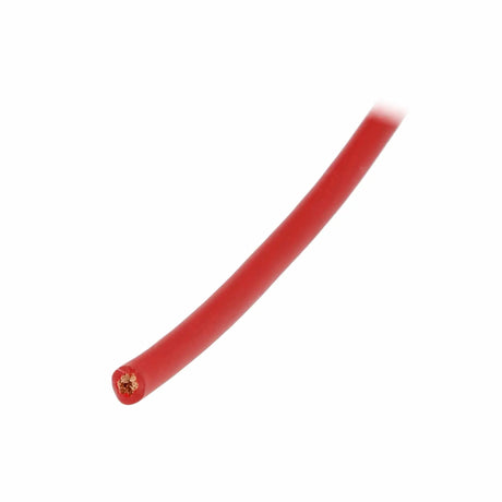 Red cable detail showing the cut insulation and exposed stranded conductor