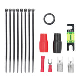 Wiring-kit accessories with a 100A fuse, cable ties, grommet, covers and terminals