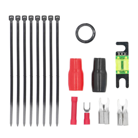 Wiring-kit accessories with a 100A fuse, cable ties, grommet, covers and terminals