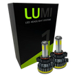 Two LUMI Stage 1 5202 LED headlight bulbs from Lumi are displayed in front of a black and green box labeled â€œLUMI LED Headlight Systemsâ€ on a white background, emphasizing their bright 6000K output and advanced 40-watt performance.