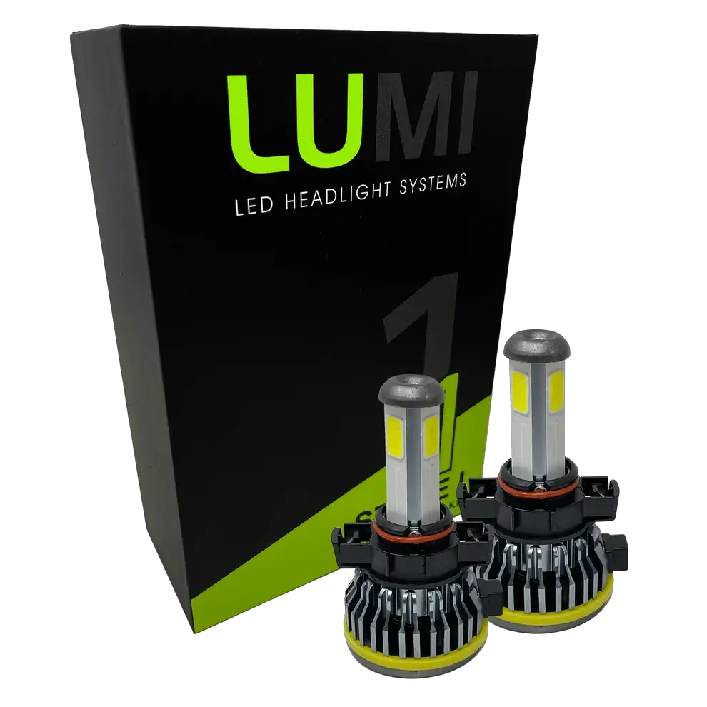 Two LUMI Stage 1 5202 LED headlight bulbs from Lumi are displayed in front of a black and green box labeled â€œLUMI LED Headlight Systemsâ€ on a white background, emphasizing their bright 6000K output and advanced 40-watt performance.