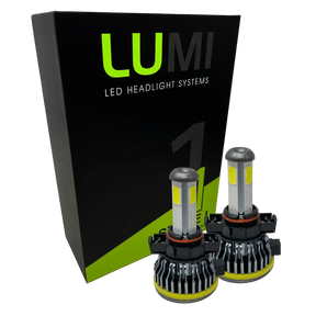Two LUMI Stage 1 5202 LED headlight bulbs from Lumi are displayed in front of a black and green box labeled â€œLUMI LED Headlight Systemsâ€ on a white background, emphasizing their bright 6000K output and advanced 40-watt performance.