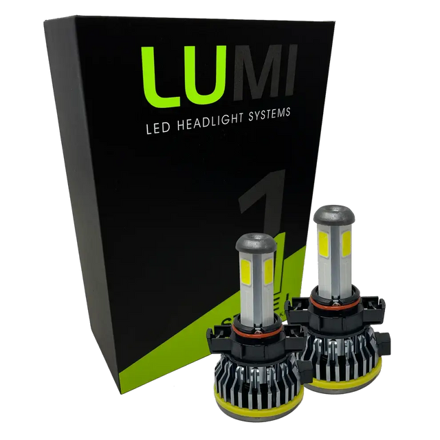 Two LUMI Stage 1 5202 LED headlight bulbs from Lumi are displayed in front of a black and green box labeled â€œLUMI LED Headlight Systemsâ€ on a white background, emphasizing their bright 6000K output and advanced 40-watt performance.