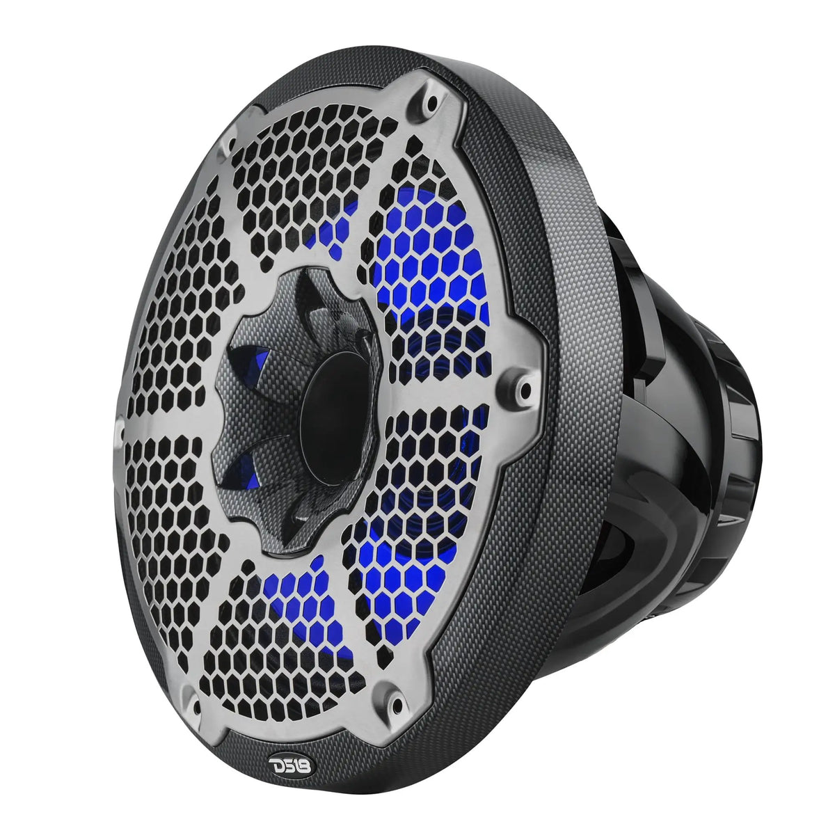 Angled view of a carbon-fiber-pattern DS18 speaker with silver honeycomb grille and blue illumination
