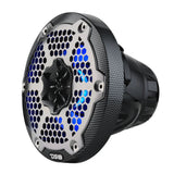 Angled front view of a carbon-fiber-patterned DS18 speaker with a silver grille and blue lighting
