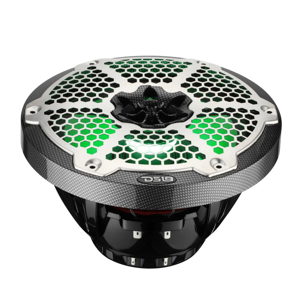 Low-angle view of a carbon-fiber-pattern DS18 speaker with green-lit honeycomb grille