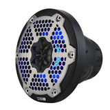 Angled front view of a black DS18 speaker with a silver honeycomb grille and blue lighting