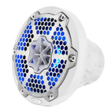 Angled front view of a white DS18 speaker with a silver honeycomb grille and blue lighting