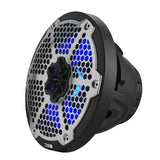 Angled front view of a black DS18 speaker with a silver honeycomb grille and blue lighting
