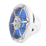 Angled front view of a white DS18 speaker with a silver honeycomb grille and blue lighting