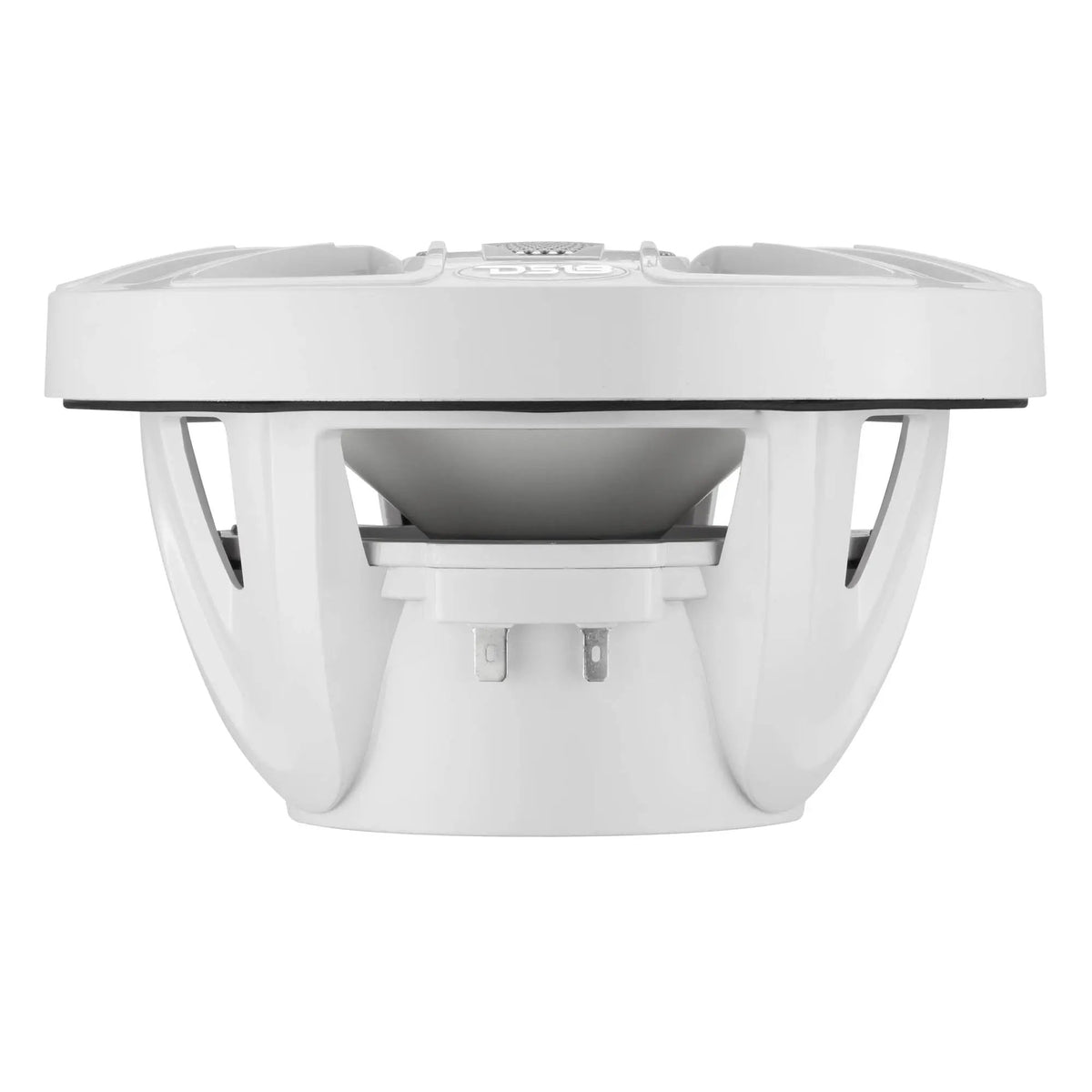 Side profile of a white speaker showing the grille rim, open basket and magnet housing