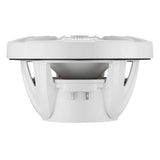 Side profile of a white speaker showing the grille rim, open basket and magnet housing