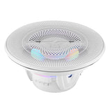 White DS18 speaker with a mesh grille and multicolored illumination, low angled view