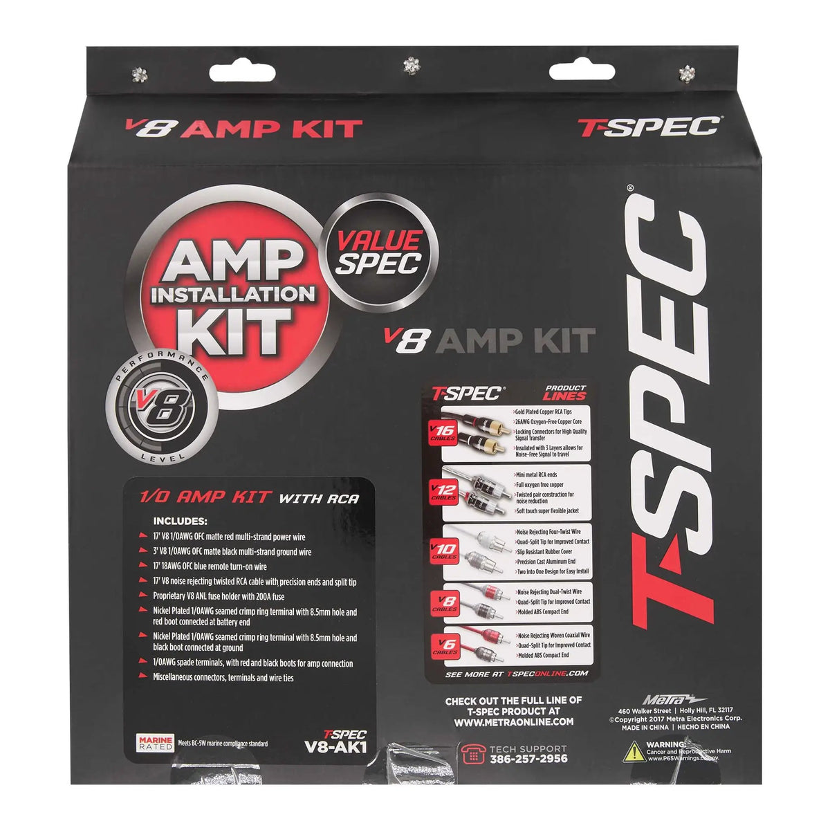 Back of a T-Spec V8 amplifier-kit package with contents, feature descriptions and 1/0 AWG kit labeling