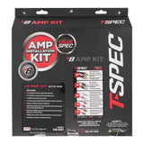 Back of a T-Spec V8 amplifier-kit package with contents, feature descriptions and 1/0 AWG kit labeling