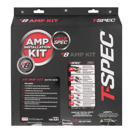 Back of a T-Spec V8 amplifier-kit package with contents, feature descriptions and 1/0 AWG kit labeling