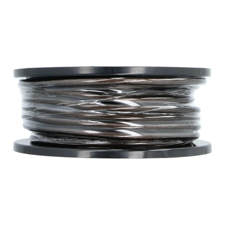 Side view of a black wire spool with translucent outer wrapping