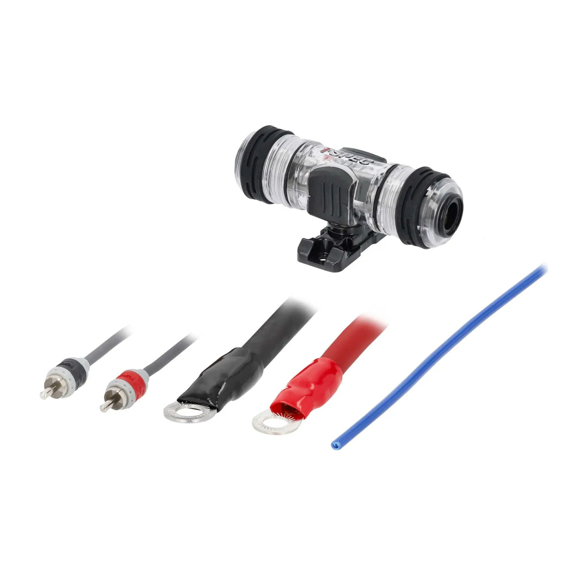 T-Spec amplifier-kit detail showing a clear fuse holder, RCA plugs, ring terminals and blue wire