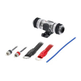 T-Spec amplifier-kit detail showing a clear fuse holder, RCA plugs, ring terminals and blue wire