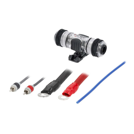 T-Spec amplifier-kit detail showing a clear fuse holder, RCA plugs, ring terminals and blue wire