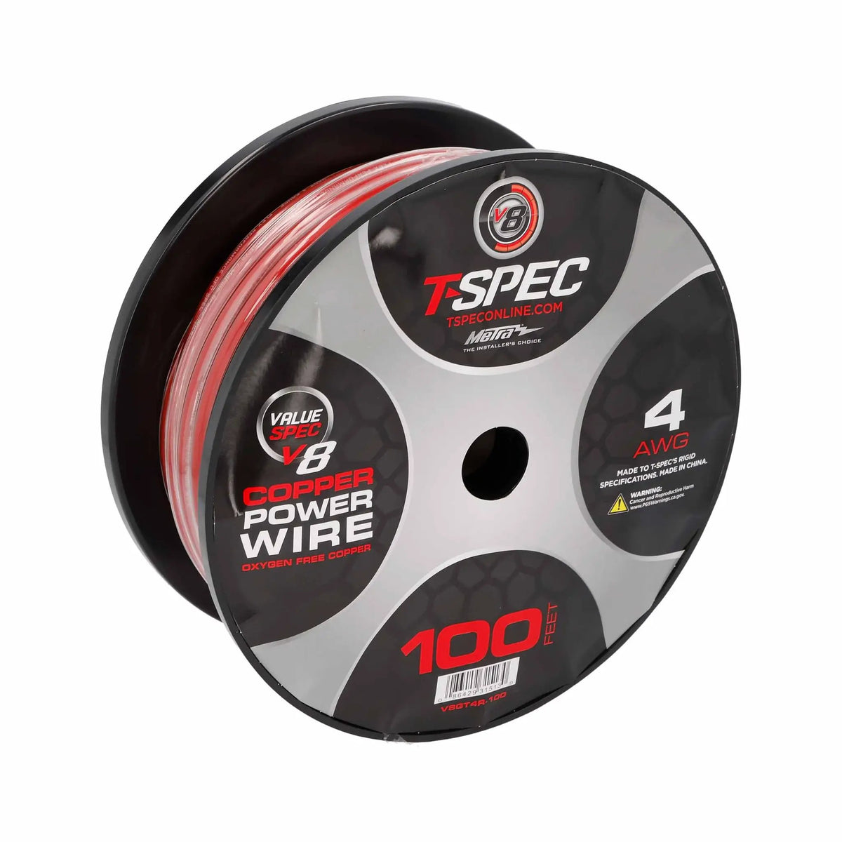 T-Spec V8GT4R-100 4 AWG OFC Power Wire - Red - 100 ft Spool