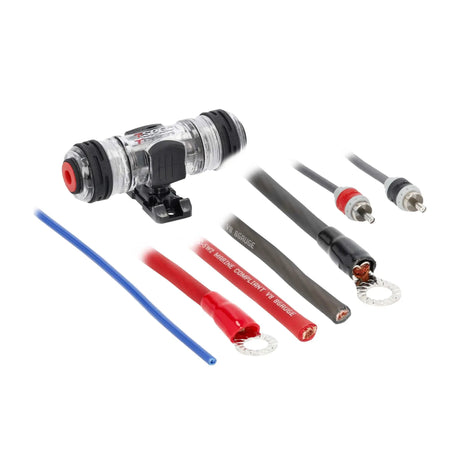 T-Spec fuse holder and wiring details with red and black cable ends, RCA plugs and blue wire