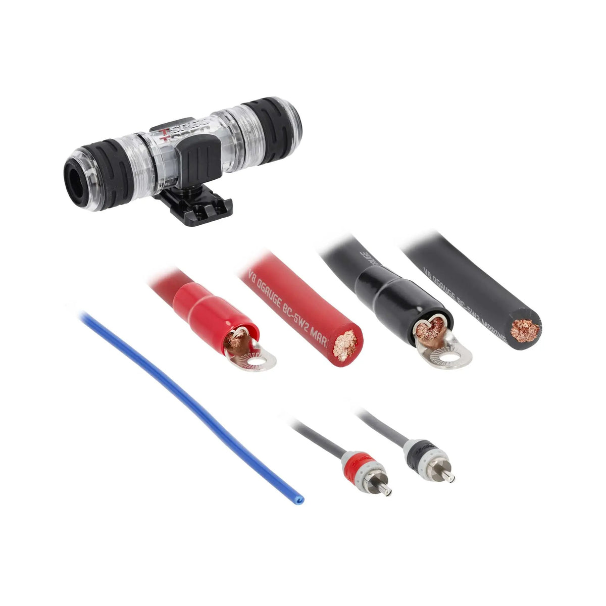 T-Spec wiring components with a clear fuse holder, ring-terminal cable ends, RCA plugs and blue wire