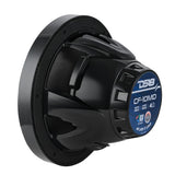 Rear angled view of a DS18 CF-10MD speaker showing its 400W RMS, 4-ohm label and black basket