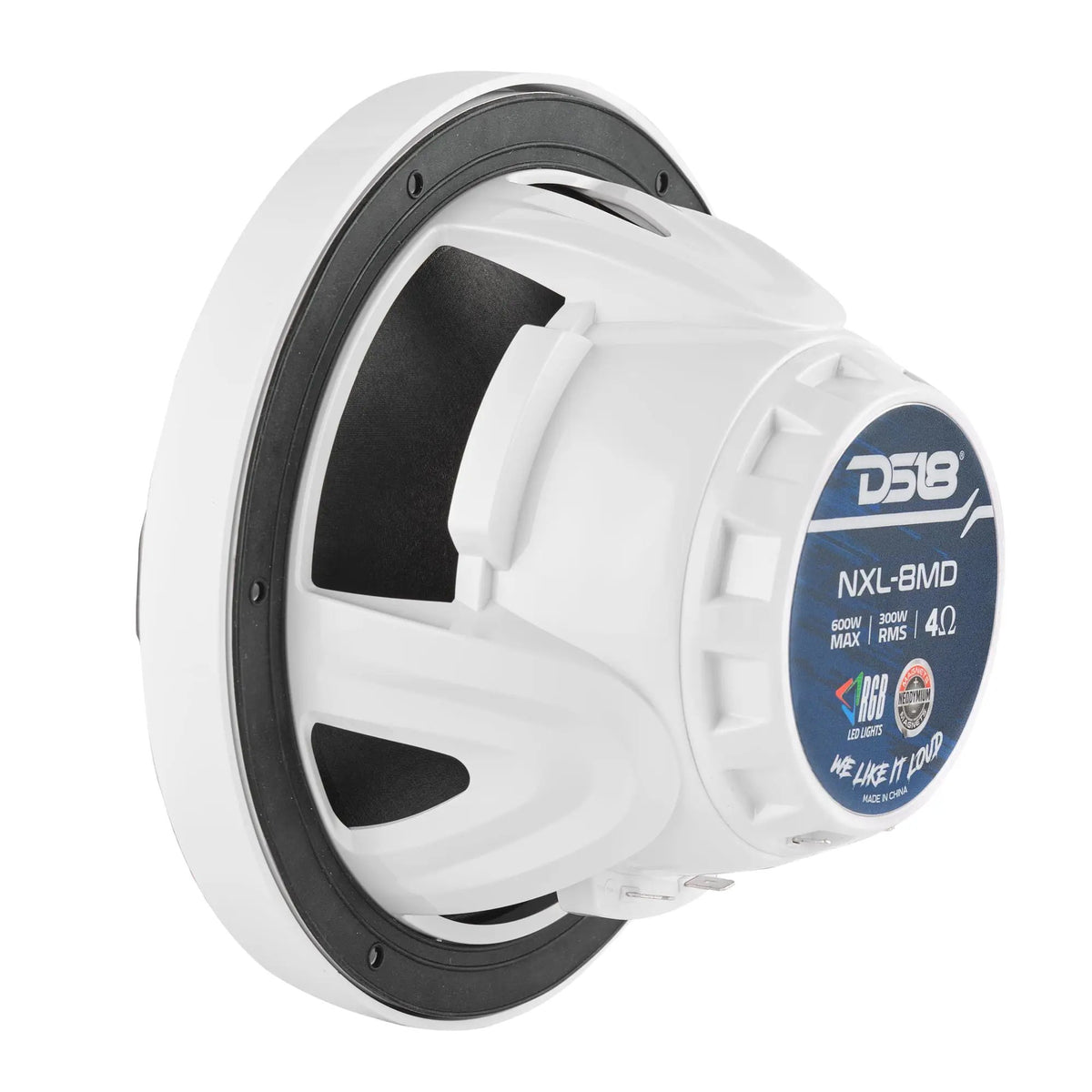 White DS18 NXL-8MD speaker, rear view of the labeled motor housing