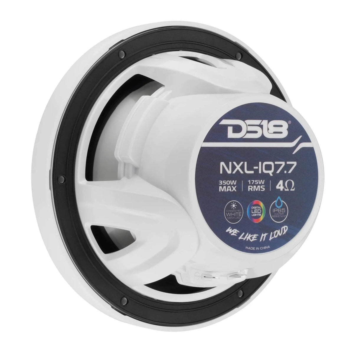 Rear of a white DS18 NXL-IQ7.7 speaker showing its 175W RMS, 4-ohm label