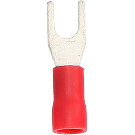 Front view of a red insulated fork terminal with a flat metal spade