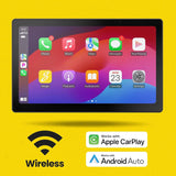 Stinger touchscreen showing Apple CarPlay apps in a graphic advertising wireless CarPlay and Android Auto