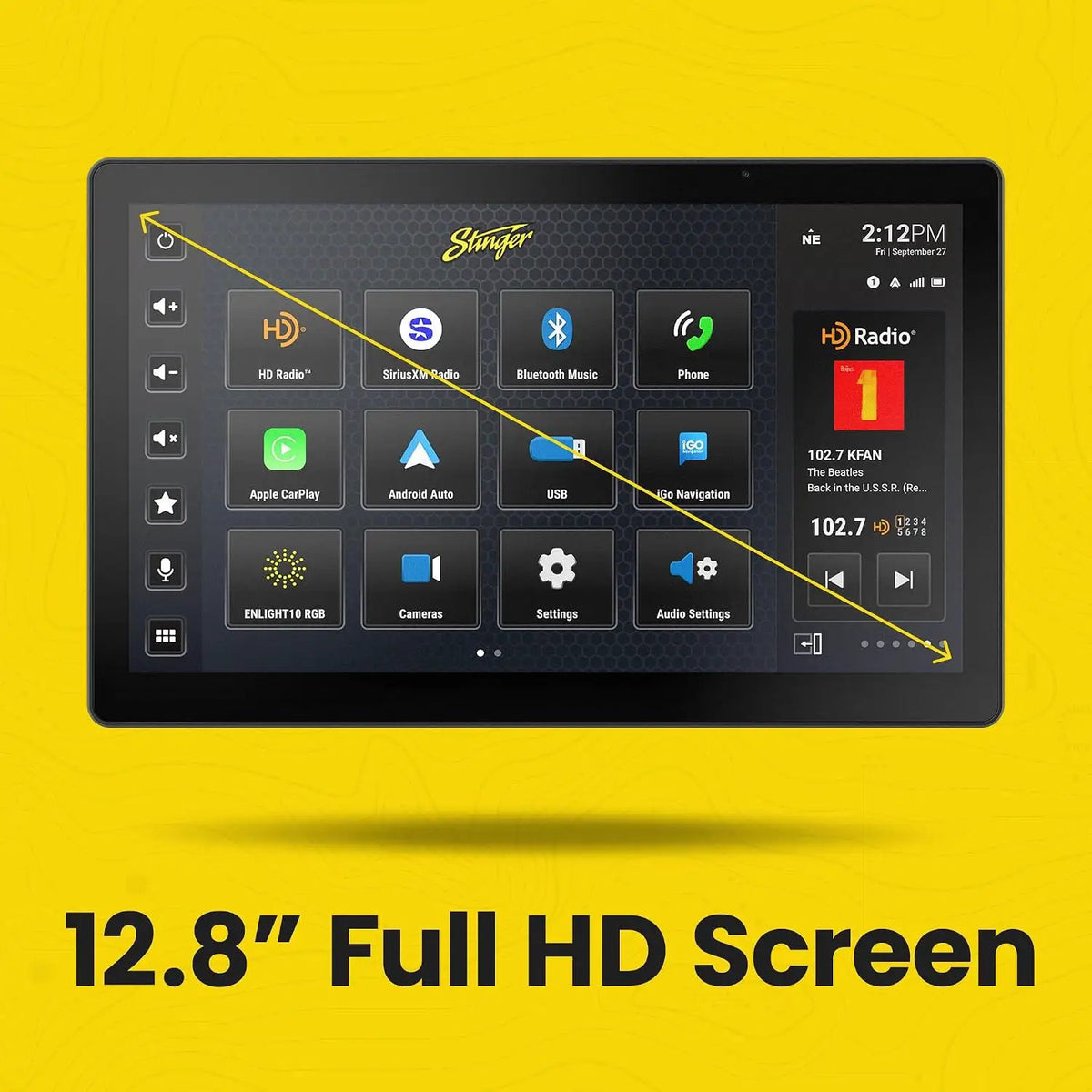 Stinger graphic highlighting a 12.8-inch Full HD screen with source icons and a radio panel