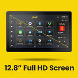Stinger graphic highlighting a 12.8-inch Full HD screen with source icons and a radio panel