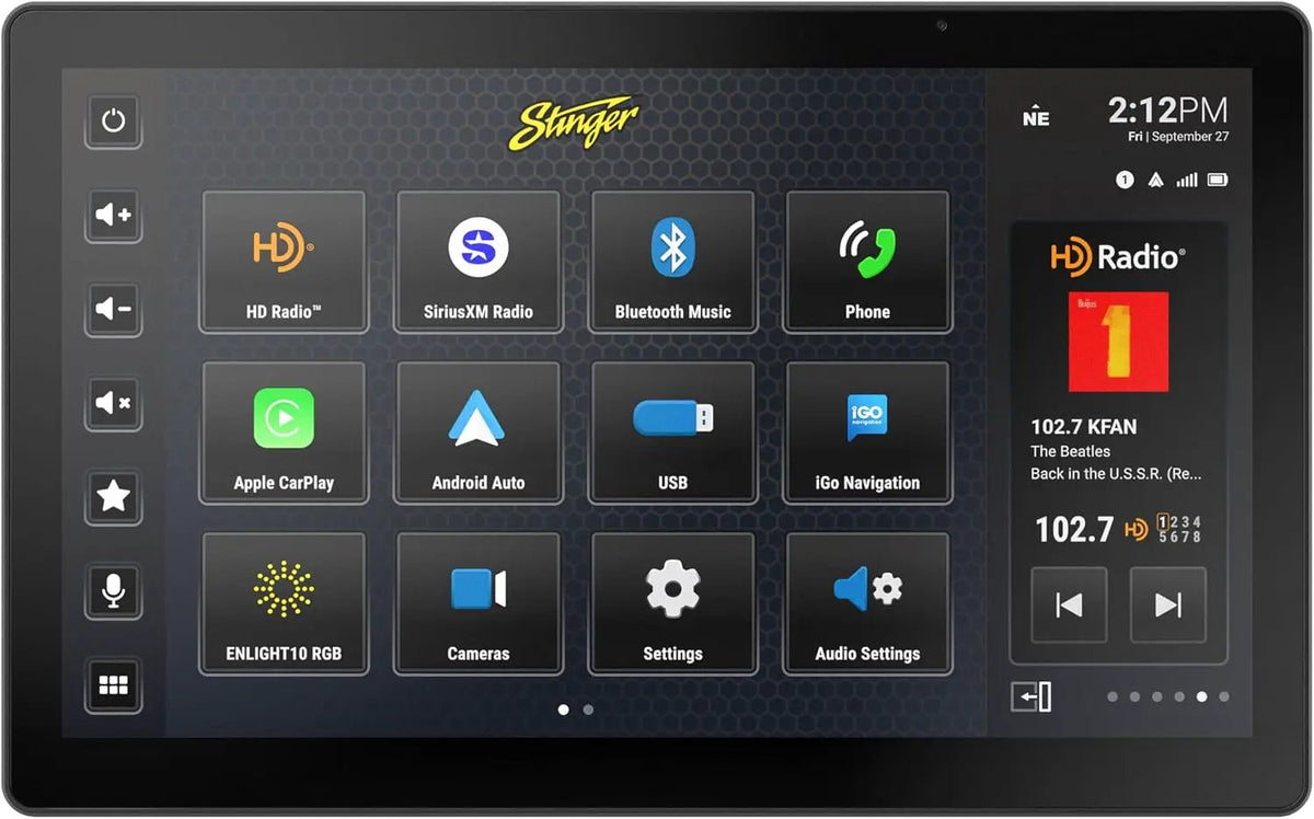 Stinger touchscreen car stereo showing app icons and a radio widget