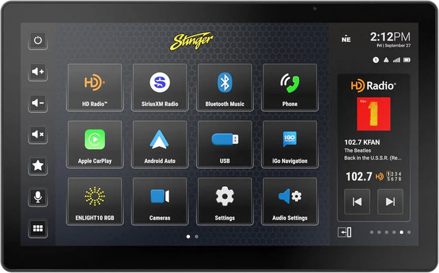 Stinger touchscreen car stereo showing app icons and a radio widget