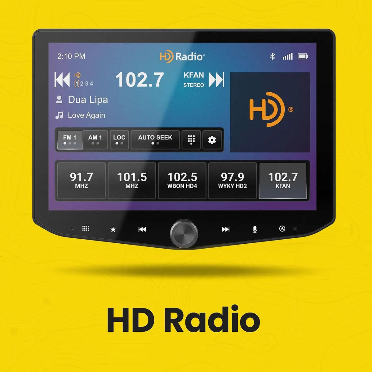 Stinger HD Radio graphic showing station 102.7, preset stations and playback information