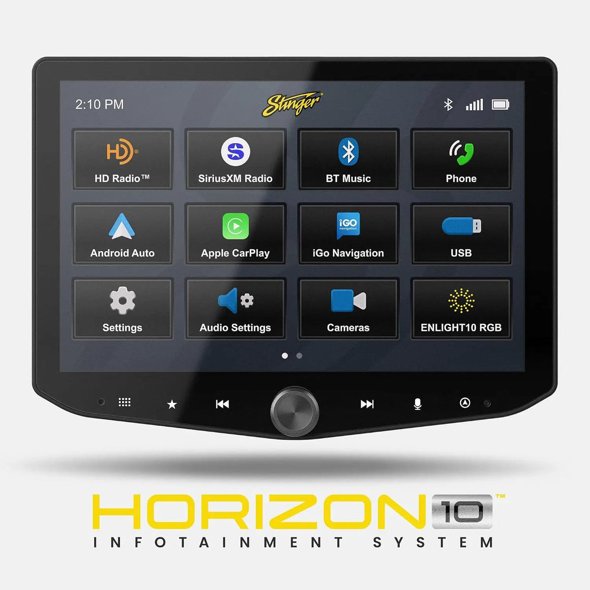 Stinger HORIZON10 graphic showing the touchscreen's radio, media, navigation and settings menu