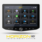 Stinger HORIZON10 graphic showing the touchscreen's radio, media, navigation and settings menu