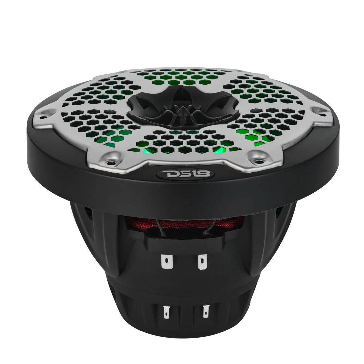 Low front view of a black DS18 speaker showing green lighting, an open basket and two sets of terminals