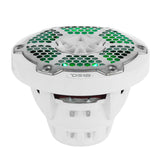 Low-angle view of a white DS18 speaker showing green-lit honeycomb grille and deep basket